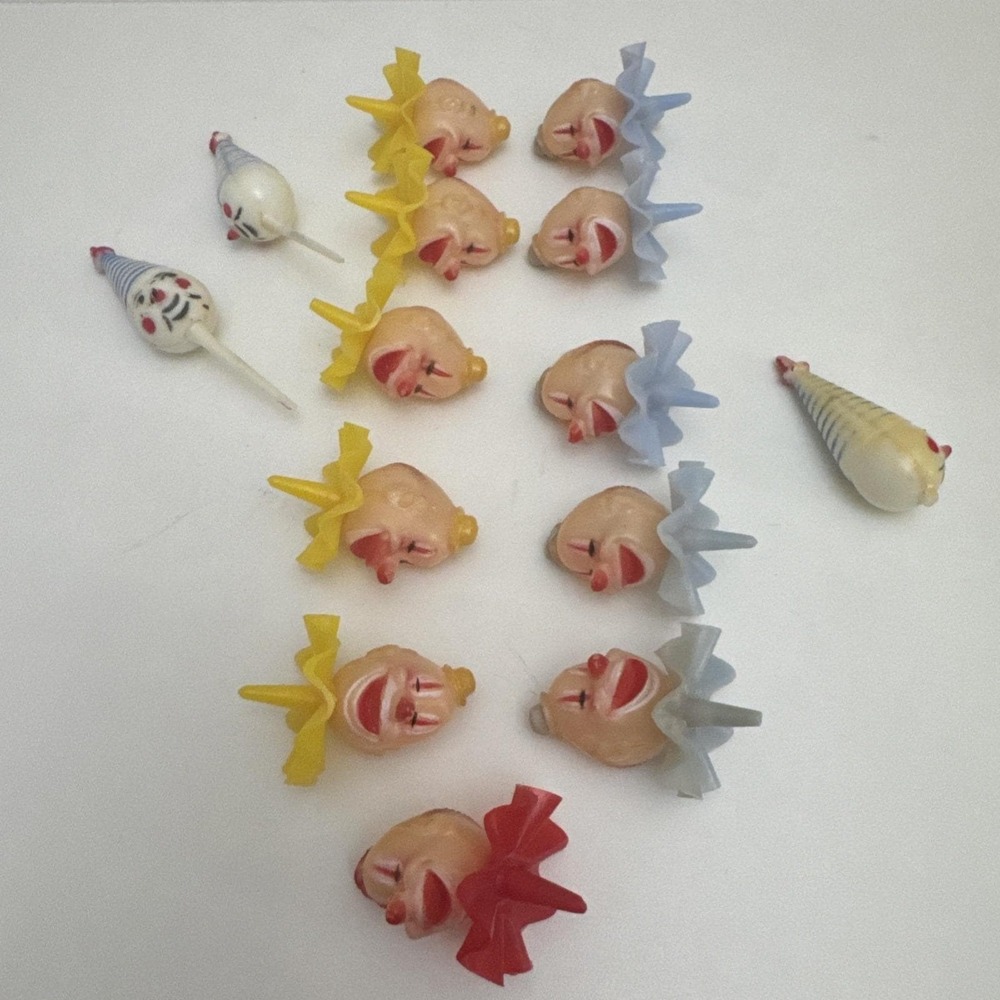 Authentic WILTON W.77 Vtg Lot of 14 Clown Head Cake Toppers Circus Cupcake Picks